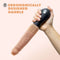Hand holding Blush Novelties Dr. Knight 10.5-inch thrusting vibrating dildo with ergonomically designed handle.