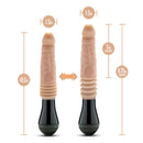 Blush Novelties Dr. Knight 10.5-Inch Thrusting Vibrating Dildo dimensions and ergonomic handle in beige and black.