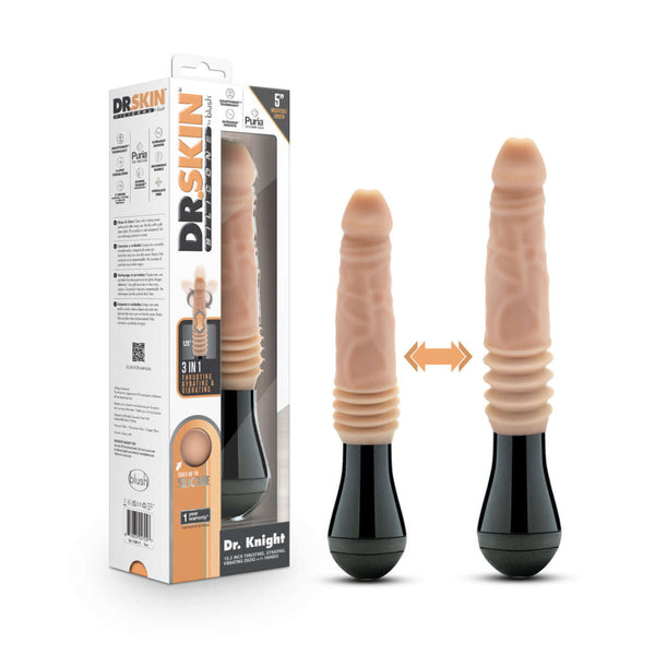 Blush Novelties Dr. Knight 10.5-Inch Thrusting Gyrating Vibrating Dildo with packaging.