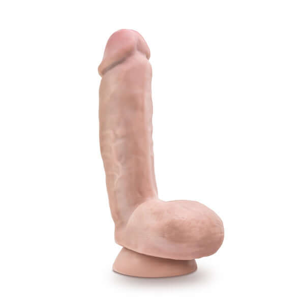 Dr. Skin Glide 8.5 in Self Lubricating Dildo with Balls in Vanilla Beige by Blush Novelties, with a realistic texture and suction cup base.