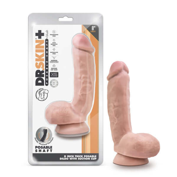 Dr. Skin Plus 8" Thick Beige Dildo with Squeezable Balls and Suction Cup in Packaging