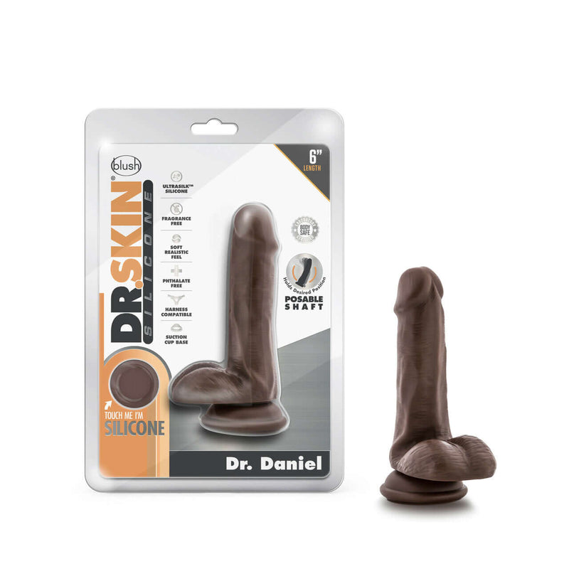 Dr. Skin Silicone Dr. Daniel 6 inches Chocolate Dildo with packaging featuring posable shaft and suction cup from Blush Novelties