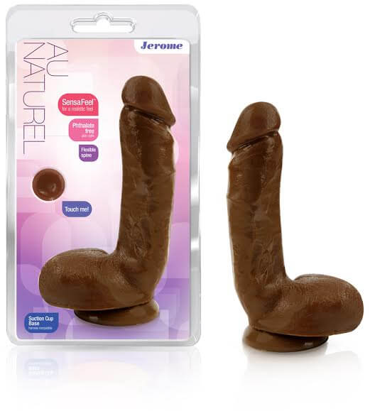 Jerome realistic dual density dildo with strong suction cup, featuring soft exterior and firm core, 8.75 inches long.