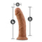 Dr. Skin 8 inches self-lubricating dildo mocha tan with measurements: 8 inches tall, 7.5 inches insertable, and 2 inches wide showing realistic detail.