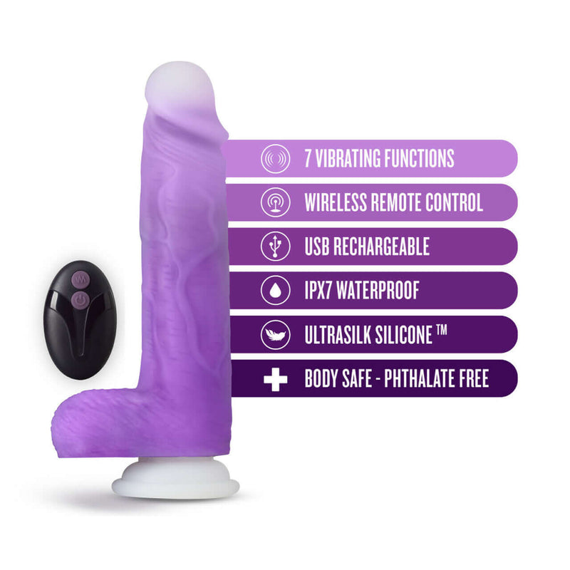 Neo Elite Encore purple vibrating dildo with remote control, showcasing 7 vibration functions, USB rechargeable, and waterproof features.