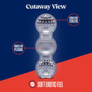 Cutaway view of Rize Feelz Clear Male Masturbator showing stimulating ticklers and ribbed textures for pleasure with soft erotic feel.