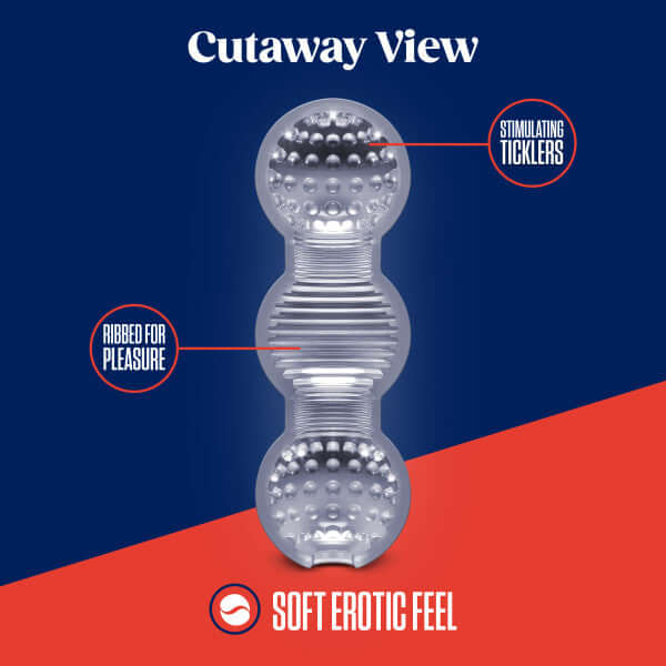 Cutaway view of Rize Feelz Clear Male Masturbator showing stimulating ticklers and ribbed textures for pleasure with soft erotic feel.