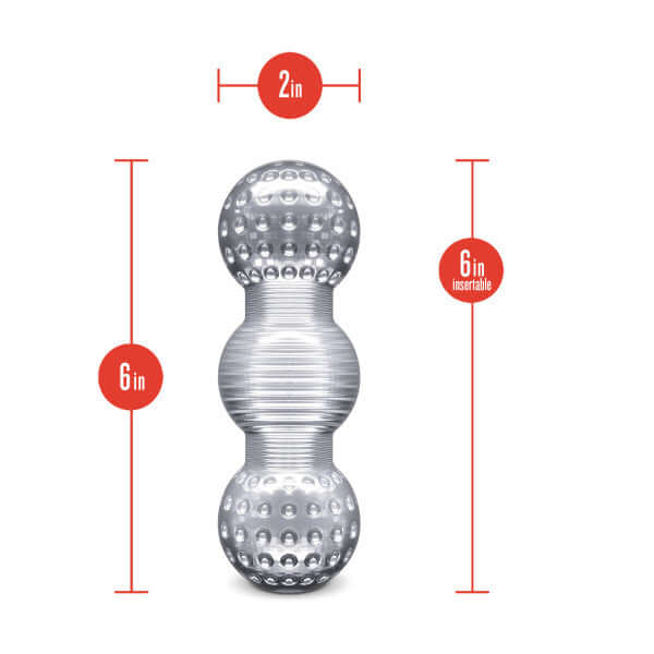 Rize Feelz Clear Male Masturbator showing 2-inch diameter and 6-inch insertable length.
