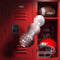 Rize Feelz Clear Male Masturbator with textured compartments in front of red locker and sports gear background.