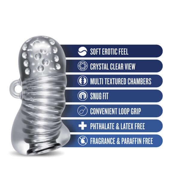Rize Squeezy Clear Male Masturbator with multi-textured chambers, snug fit, and soft erotic feel from Blush Novelties