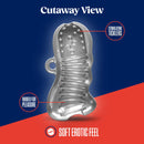 Cutaway view of Rize Squeezy Clear Male Masturbator highlighting ribbed interior and stimulating ticklers for optimal pleasure.