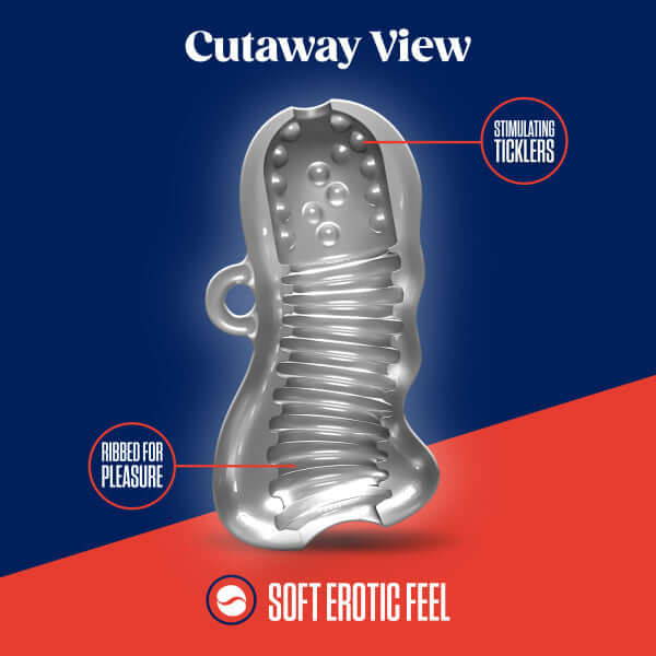 Cutaway view of Rize Squeezy Clear Male Masturbator highlighting ribbed interior and stimulating ticklers for optimal pleasure.