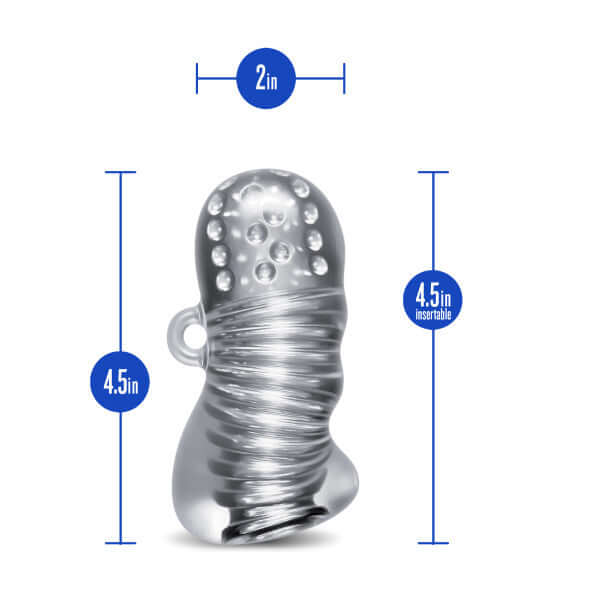 Rize Squeezy Clear Male Masturbator from Blush Novelties with dimensions 4.5 inches insertable and 2 inches wide.