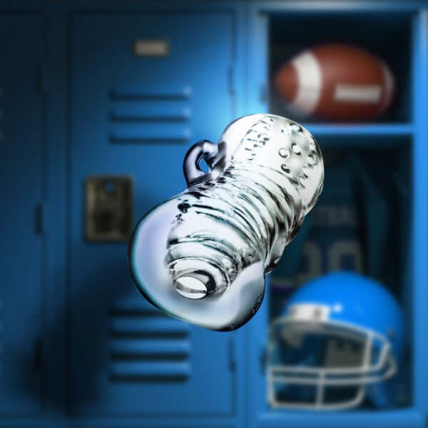 Rize Squeezy Clear Male Masturbator from Blush Novelties, shown in front of sports locker with football and helmet.
