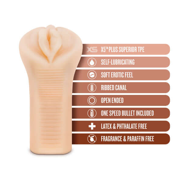 M Elite Soft and Wet Veronika Beige Stroker with self-lubricating ribbed canal, latex-free, phthalate-free, and fragrance-free features.