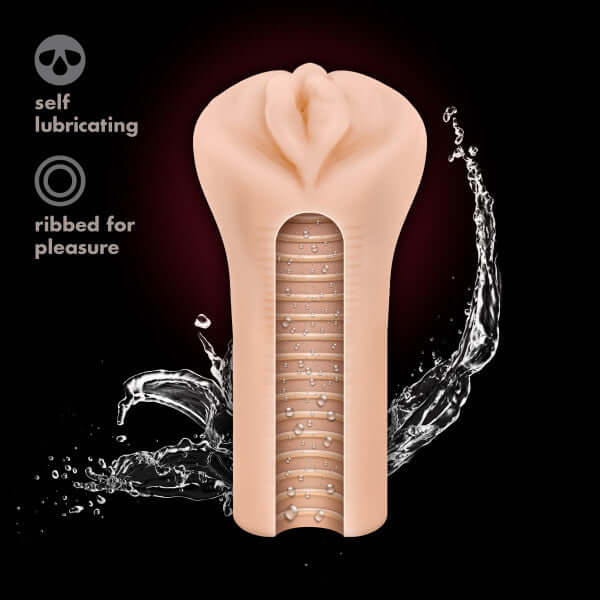 M Elite Soft and Wet Veronika Beige Stroker with self-lubricating feature and ribbed canal for enhanced pleasure