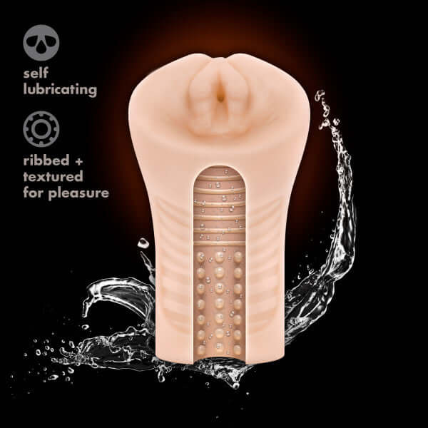 M Elite Soft and Wet Annabella Beige Male Masturbator with self-lubricating feature and ribbed texture for enhanced pleasure.