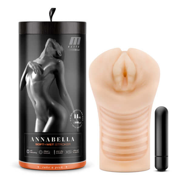 M Elite Soft and Wet Annabella Beige Male Masturbator with packaging and bullet vibrator from Blush Novelties