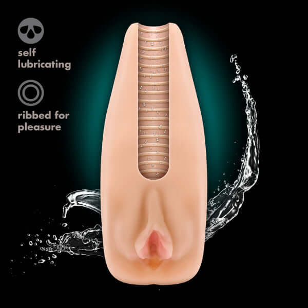 M Elite Soft and Wet Natasha Beige Male Masturbation Device with self-lubricating and ribbed for pleasure features.
