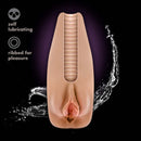M Elite Soft and Wet Renata Tan Male Masturbator with self-lubricating and ribbed features, showcasing internal texture and water splash.