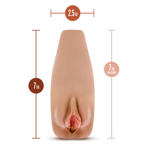 M Elite Soft and Wet Renata Tan Male Masturbator with dimensions 7 x 2.5 inches shown from Blush Novelties