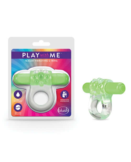 Play With Me Teaser Vibrating C-Ring Green from Blush Novelties in packaging and closeup view.