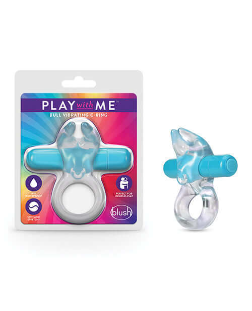 Play With Me Bull Vibrating C-Ring Blue from Blush Novelties in packaging and product display