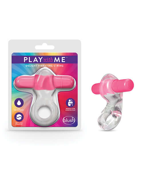 Play With Me Delight Vibrating C-Ring Pink by Blush Novelties in packaging and displayed, soft texture and 1-speed vibration bullet