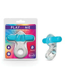 Play With Me Delight Vibrating C-Ring Blue in packaging and product display from Blush Novelties.