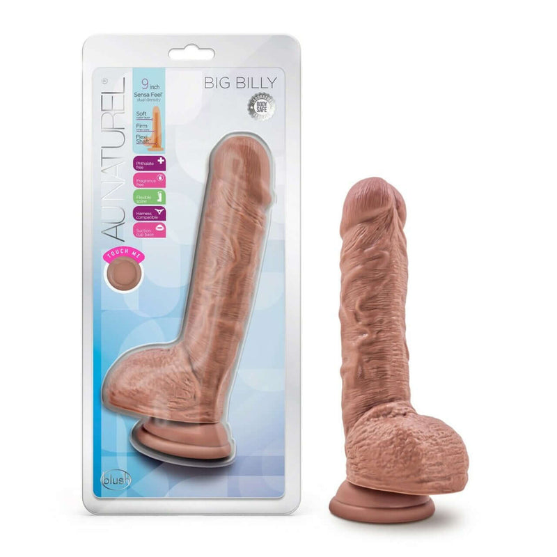 Au Naturel Big Billy 9-inch mocha dildo by Blush Novelties with ultra-realistic Sensa Feel layers and Flexi Shaft technology in packaging and out