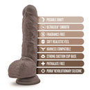 Dr. Skin Dr Mason 9 inches Dildo with Suction Cup Dark Brown showing posable shaft, Ultrasilk™ smooth, fragrance-free, and harness compatibility features