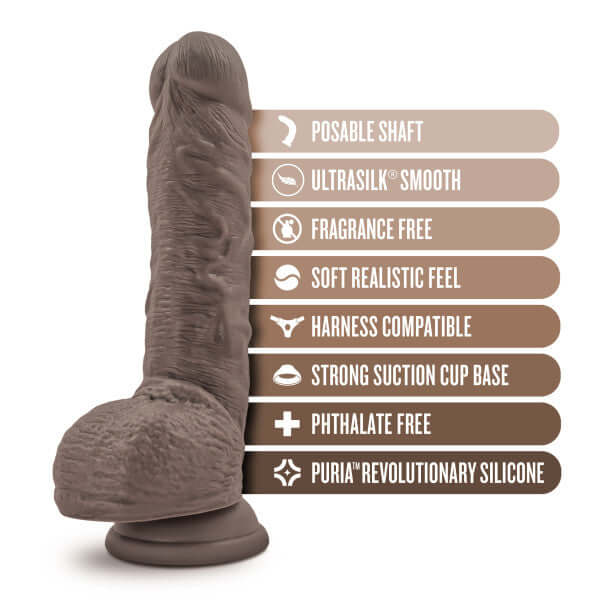 Dr. Skin Dr Mason 9 inches Dildo with Suction Cup Dark Brown showing posable shaft, Ultrasilk™ smooth, fragrance-free, and harness compatibility features