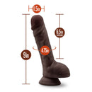 Dr. Skin Dr Mason 9 inch Dark Brown Dildo with Suction Cup showing dimensions of 9in length, 6.5in insertable, 4.75in girth, and 1.5in width.