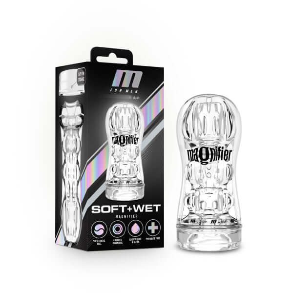 M For Men Soft and Wet Magnifier Clear Stroker packaging and product by Blush Novelties.