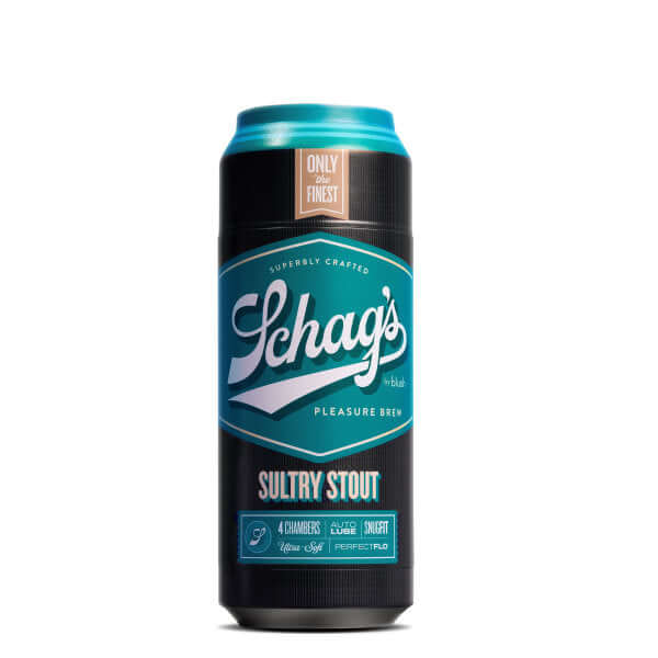 Schags Sultry Stout Frosted Stroker from Blush Novelties in black and teal packaging, featuring 4 pleasure chambers and self-lubricating feature.