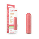 Gaia Eco Rechargeable Bullet Vibrator Coral by Blush Novelties next to packaging displaying biodegradable BioFeel material.