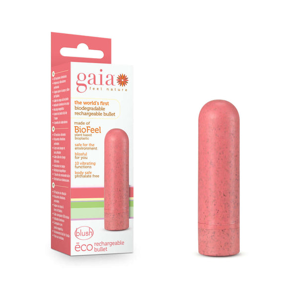 Gaia Eco Rechargeable Bullet Vibrator Coral by Blush Novelties next to packaging displaying biodegradable BioFeel material.