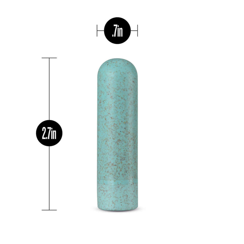 Gaia Eco Rechargeable Bullet Vibrator Aqua with dimensions 2.7 inches by 0.7 inches, made from eco-friendly BioFeel bioplastic material.