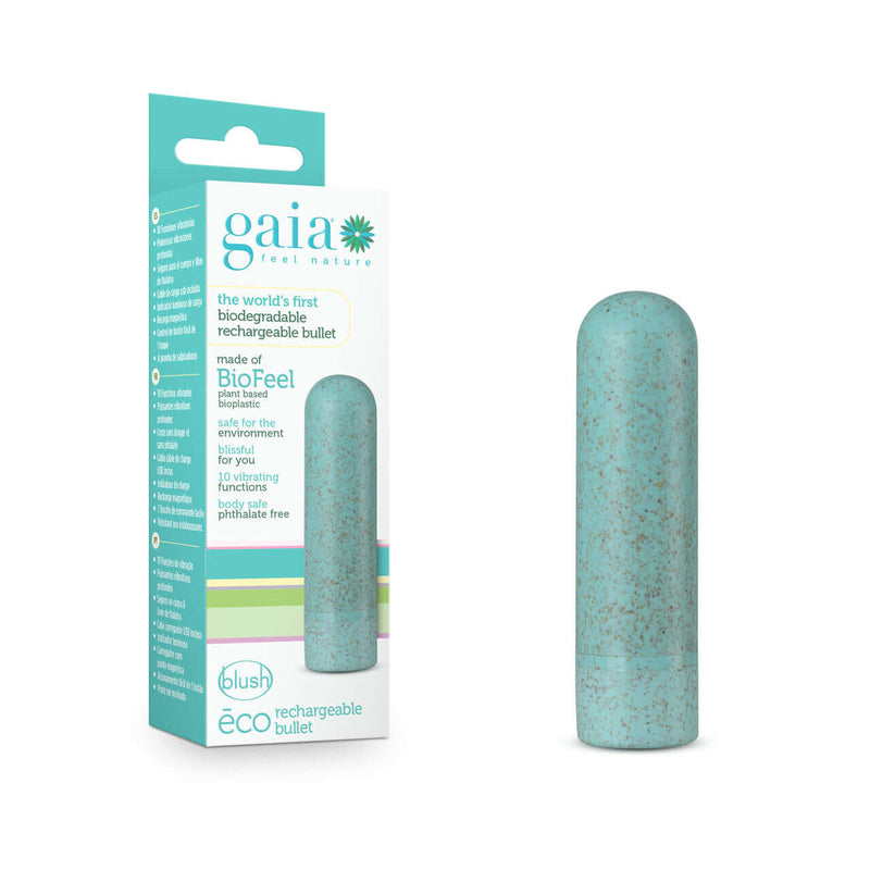 Gaia Eco Rechargeable Bullet Vibrator Aqua by Blush Novelties in packaging, eco-conscious vibrator with 10 functions, made from BioFeel bioplastic.