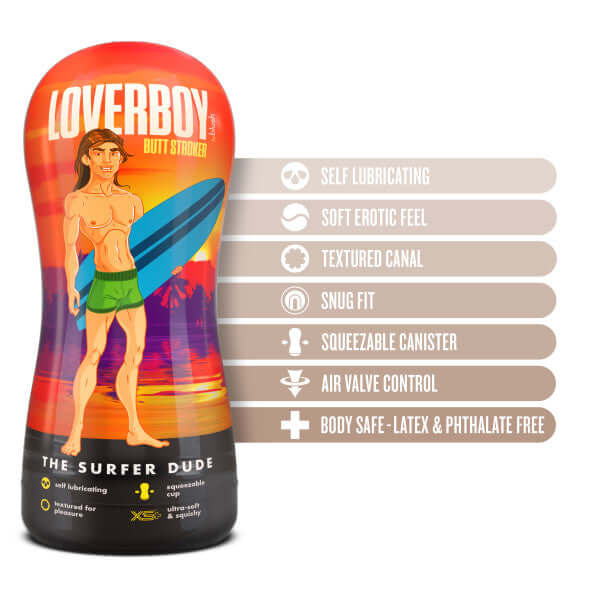 Loverboy The Surfer Dude Self Lubricating Stroker with features such as soft feel, textured canal, air valve control, and body-safe materials