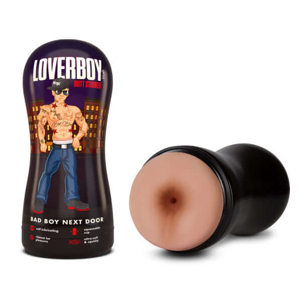 Loverboy Bad Boy Next Door self-lubricating butt stroker, beige light skin tone from Blush Novelties, packaging and product view.