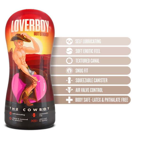 Loverboy Cowboy Self Lubricating Stroker Beige, soft erotic feel, textured canal, snug fit, air valve control, body safe packaging.