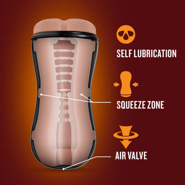 Loverboy Cowboy Self Lubricating Stroker features self lubrication, squeeze zone, and air valve for enhanced pleasure.