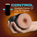Loverboy Cowboy Self Lubricating Stroker held in hand showing control feature to squeeze center of cup for more suction and pleasure