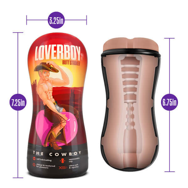 Loverboy Cowboy Self Lubricating Stroker Beige with dimensions 3.25 x 7.25 inches, open view showing internal textures from Blush Novelties.