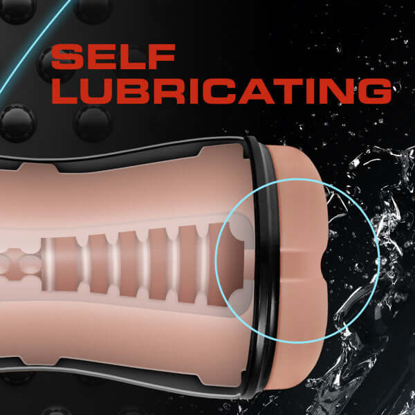 Loverboy Cowboy Self Lubricating Stroker texture detail with text "Self Lubricating" in beige
