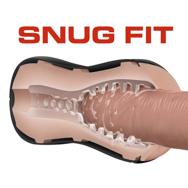 Cross-section of Loverboy Cowboy Self Lubricating Stroker showing snug fit and internal textures for enhanced pleasure.