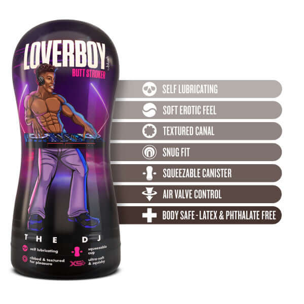 Loverboy The DJ Self Lubricating Stroker Brown features self-lubricating, soft erotic feel, textured canal, snug fit, air valve control, and body-safe materials