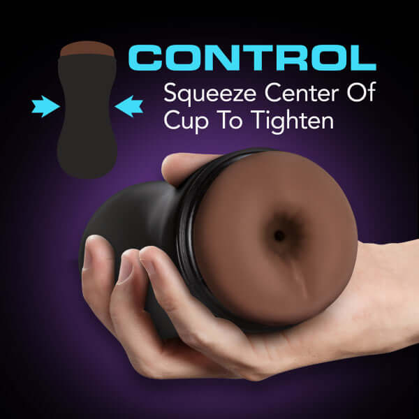 Loverboy The DJ Self Lubricating Stroker being squeezed to demonstrate Perfect Flo Air Valve Control for enhanced suction.