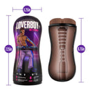 Loverboy The DJ Self Lubricating Stroker Brown pocket stroker with dimensions highlighting soft, flexible design and Perfect Flo Air Valve Control